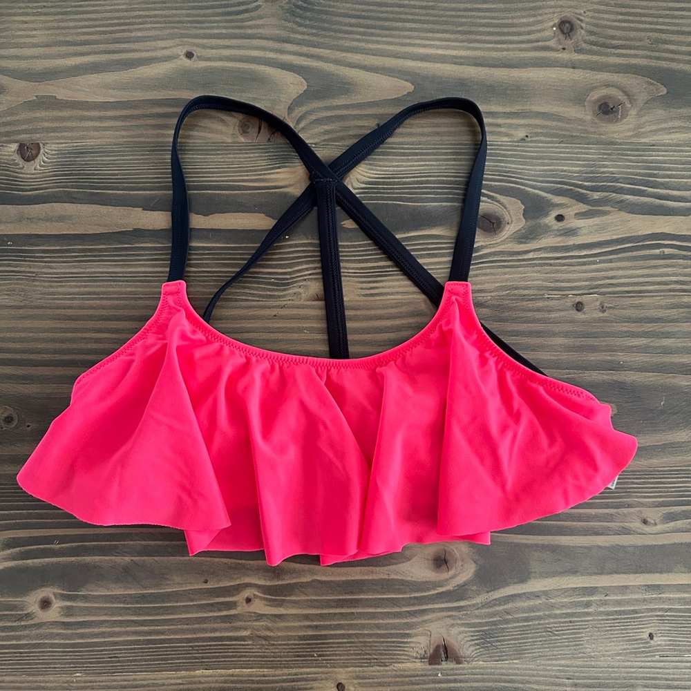 Women’s VS PINK Ruffle Bikini Top M Pink Black Criss Cross Y2K Cute